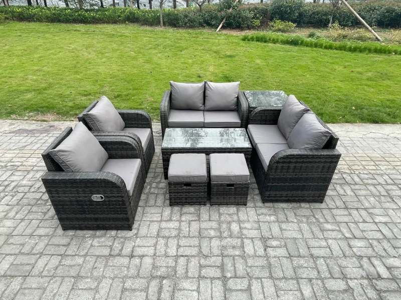 Image of Fimous 8 Piece Rattan Garden Furniture Set Outdoor Patio Sofa, Table and Chairs Garden Table Ideal for Pool Side, Balcony, Outdoor and indoor Set Dark