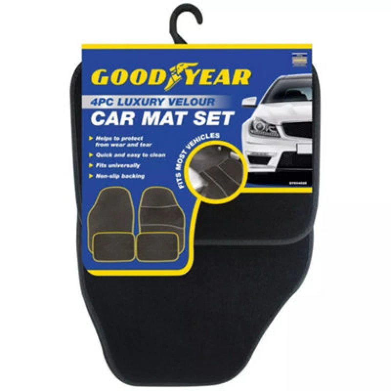 Image of Goodyear 4Pc Luxury Velour Car Mat Carpet Set Universal Fit Non-Slip Backing