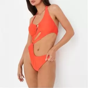 Image of Missguided Ring Cut Out Tie Back Swimsuit - Orange
