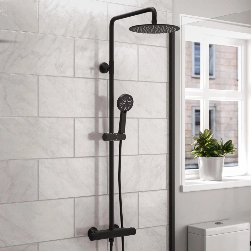 Image of Nes Home Modern Round Matte Black Exposed Thermostatic Mixer Shower Set With Shower Head Black
