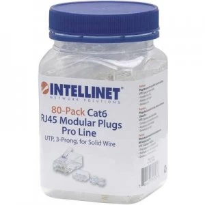 Image of INTELLINET 80er-Pack Cat6 RJ45 modular plug Pro Line UTP 3-point wire contacting for solid wire 80 plugs in the beaker 50 µ gold-plated contacts Crimp