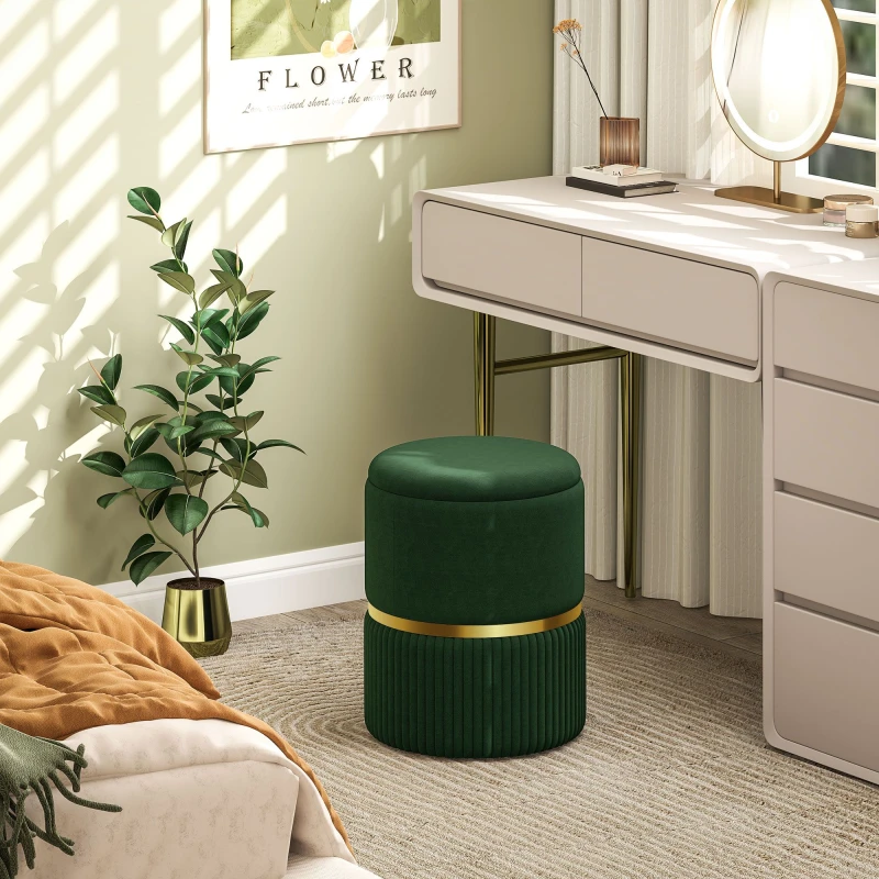 Image of HOMCOM Round Pouffe, Storage Footstool with Cushioned Top, Hidden Space Dark Green 838-439V70DG