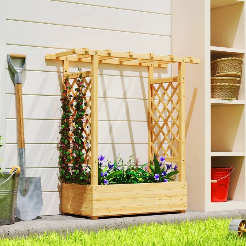 Image of OUTSUNNY Raised Bed for Garden with Trellis, 110 x 44 x 113 cm, Natural Size: 110 x 44 x 113cm Natural Unisex 110 x 44 x 113 cm
