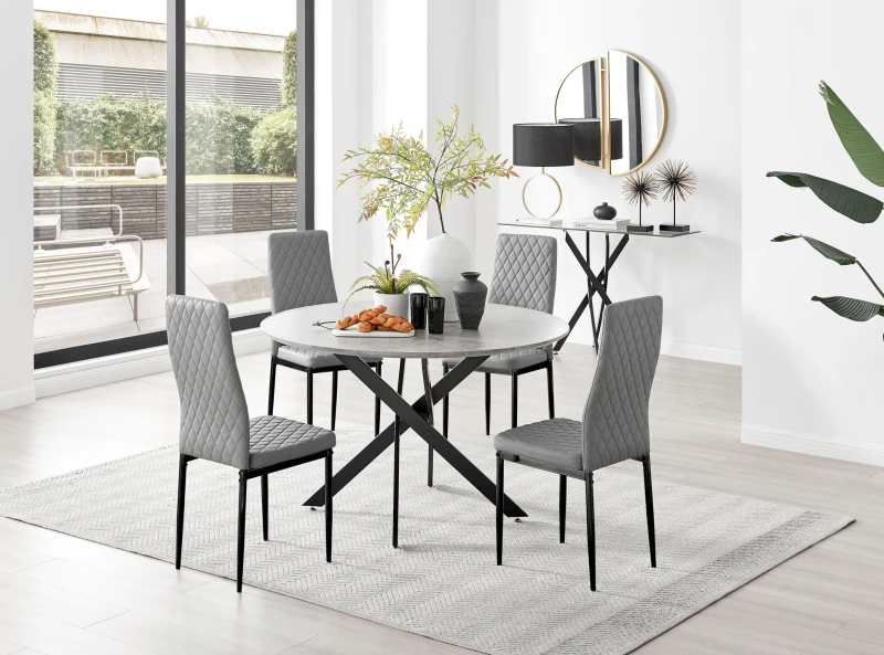 Image of FurnitureboxUK FurnitureboxUK Novara Grey Concrete Effect Black Leg 120cm Round Dining Table & 4 Milan Black Leg Chairs Grey One Size Unisex 505665711