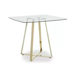 Image of Square Dining Table with Glass Top and Gold Leg