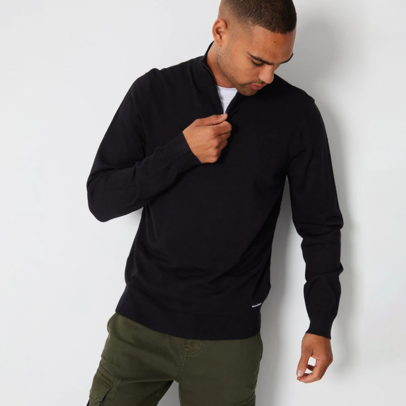 Image of Threadbare Funnel Neck Quarter Zip Knitted Jumper - Black M