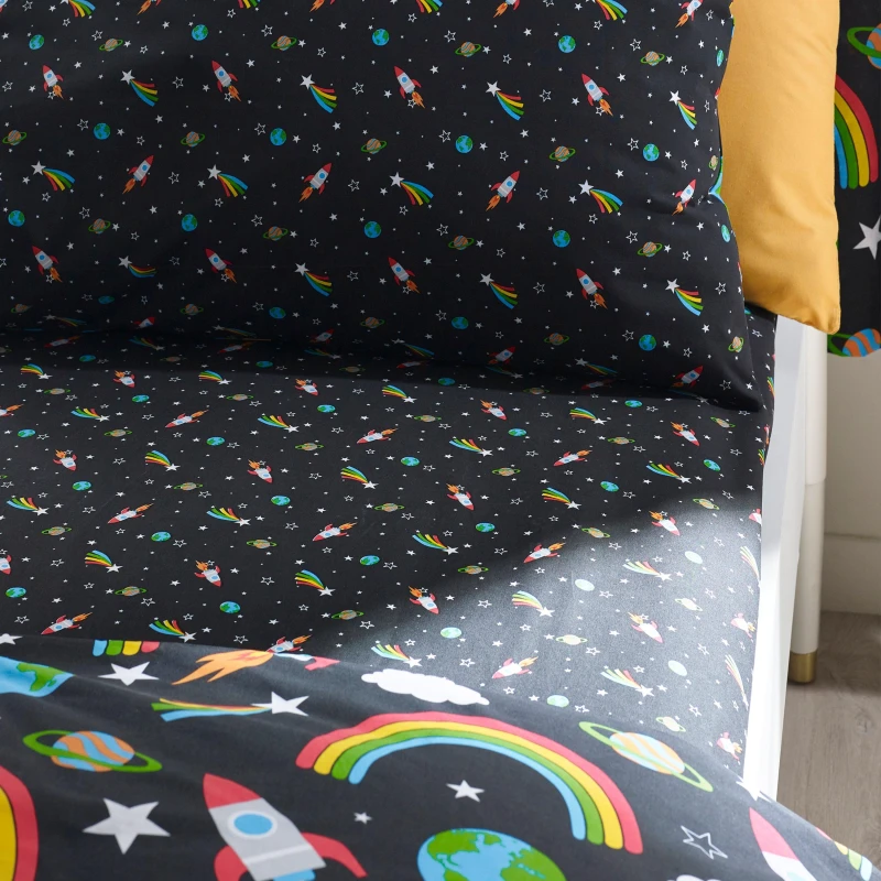 Image of Catherine Lansfield Rainbow Rockets Fitted Sheet Black unisex Junior