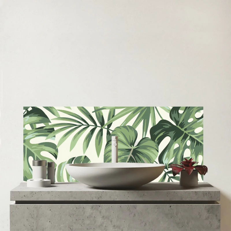 Image of Warren Reed - Designer Exotic Palm Leaves Glass Bathroom Splashback in Green Green Unisex