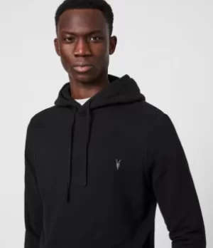 Image of AllSaints Mens Cotton Slim Fit Raven Hoodie, Black, Size: S
