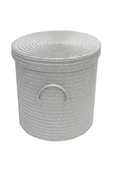 Image of Woven Round Laundry Basket Bin Lined Lid PVC Handle Medium 30 x 32 cm