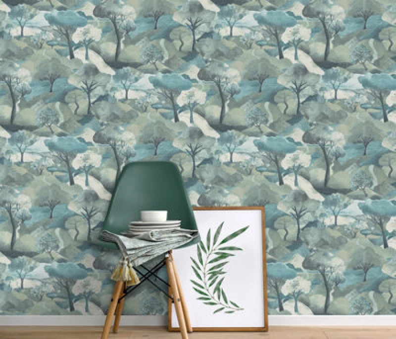Image of Turquoise Forest Teal Trees Washable Strippable Paste The Wall Wallpaper, Blue WL-10433-07
