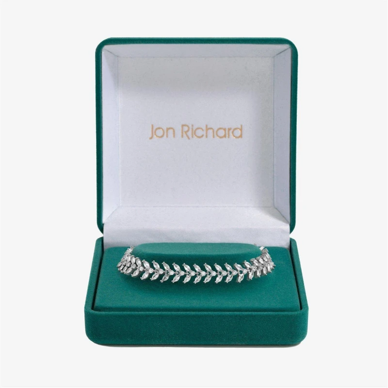 Image of Jon Richard Rhodium Plated Cubic Zirconia Rhodium Plated Leaf Bracelet - Gift Boxed Silver