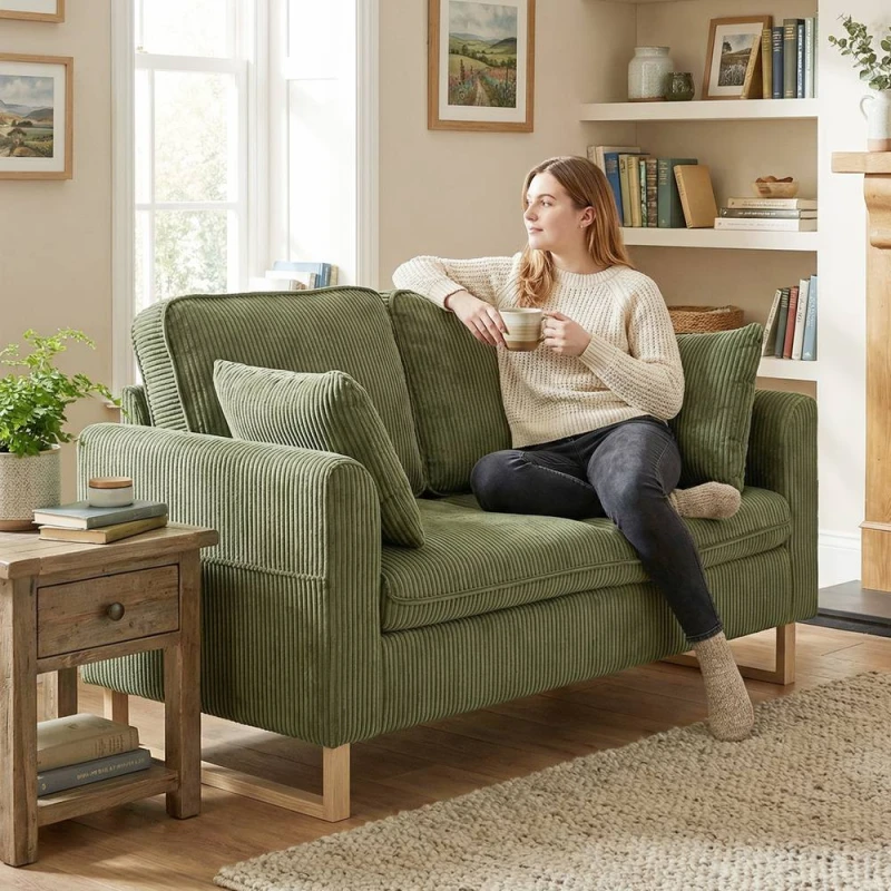 Image of HOMCOM 2 Seater Sofa, Corduroy Sofa w/ Spring Cushions 2 Pillows, Dark Green Dark Green Unisex 2 Seater