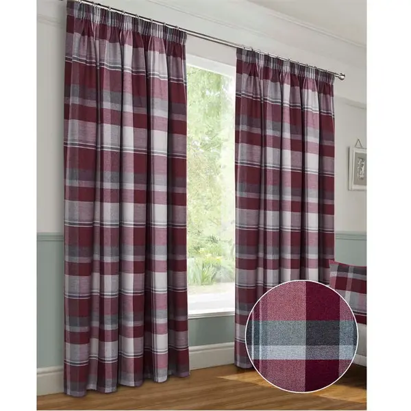 Image of Home Curtains Braemar Check Faux Wool Pencil Pleat Curtains - Red 45x54
