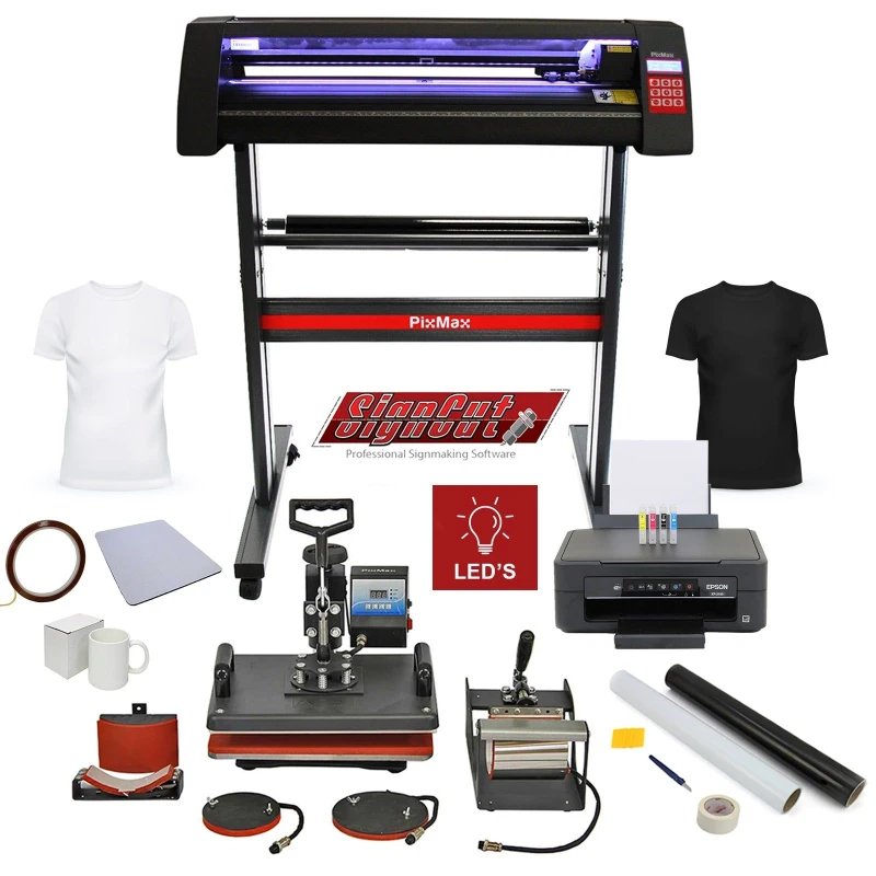 Image of PixMax 5 In 1 Heat Press With LED Lit Vinyl Cutter, Printer And Accessories Sublimation Bundle Kit