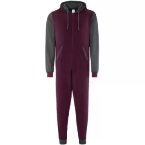 Image of Comfy Co Adults Unisex Two Tone Contrast All-in-One Onesie (XS) (Burgundy/Charcoal)