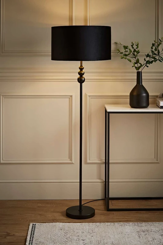 Image of ValueLights ValueLights Marissa Black Stacked Ball Floor Lamp with Velvet Drum with Gold Inner Shade Black One Size Unisex 5059406059971