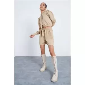 Image of I Saw It First Stone Puff Sleeved Cropped Hoodie And Short Set - Brown