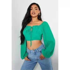Image of I Saw It First Linen Tie Front Balloon Sleeve Crop Top - Green