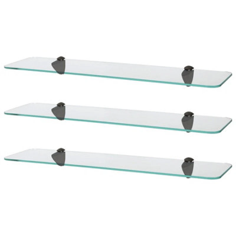 Image of Harbour Housewares 3X Rounded Floating Glass Shelves - 60Cm - Black Brackets - Bathroom Shower Storage Vanity Display Unit Shelf