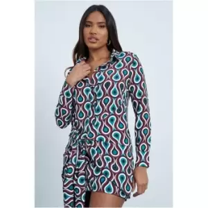 Image of I Saw It First Burgundy Woven 70'S Print Wrap Front Long Sleeve Shirt Dress - Red