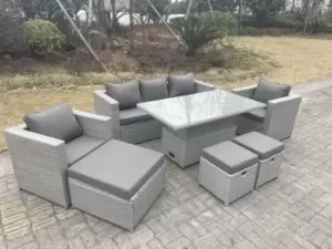 Image of Fimous 5 Seater Outdoor Light Grey Rattan Lounge Complete Sofa Set with Adjustable Dining Table, 2 Stools and Big Footstool