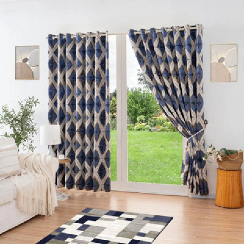 Image of Luxury Living Luxury Diamond Jacquard Fully Lined Ring Top Curtains With Metallic Thread 229Cm X 183Cm Blue/gold
