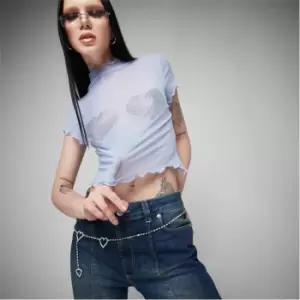 Image of Missguided Diamante Heart Mesh Crop Top - Blue