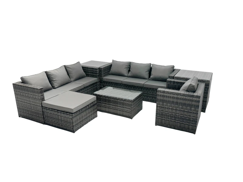 Image of Fimous 8-seater Patio Coffee Table Sofa Set with Big Stool 2 Side Tables in Dark Grey Dark Grey Unisex