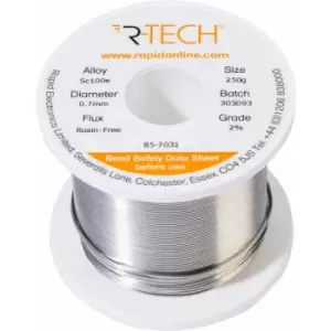 Image of 857031 SC100e Solder 2% Rosin-Free hf Flux Halide-Free 0.7mm 250g Reel - R-tech
