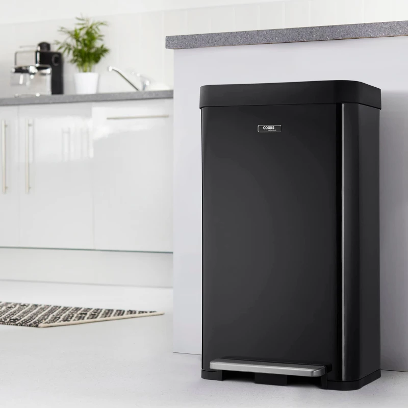 Image of Cooks Professional Kitchen Rubbish Waste Bin Recycling Wide Single Pedal 65L Black Black