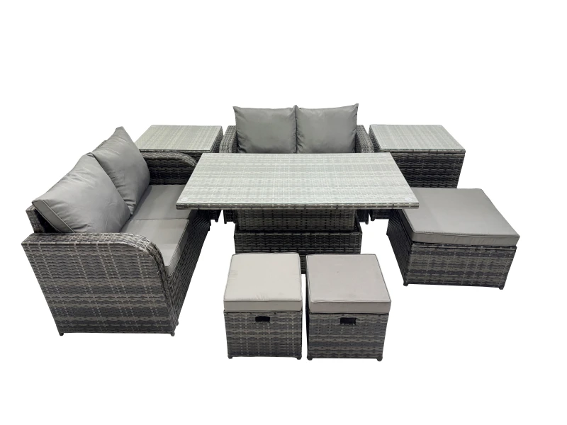Image of Fimous 7-seater Rattan Garden Furniture Dining Set with 2 Side Table 3 Stools in Dark Grey Dark Grey Unisex