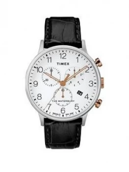 Image of Timex Timex Waterbury White With Silver And Gold Detail Chronograph Dial Black Leather Strap Watch