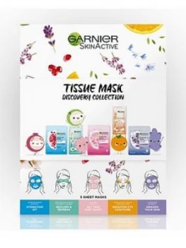 Image of Garnier Garnier Sheet Mask Discovery Collection, Face & Eye Sheet Mask Set For Dehydrated, Dull And Tired Skin, Pack Of 5 Tissue Masks