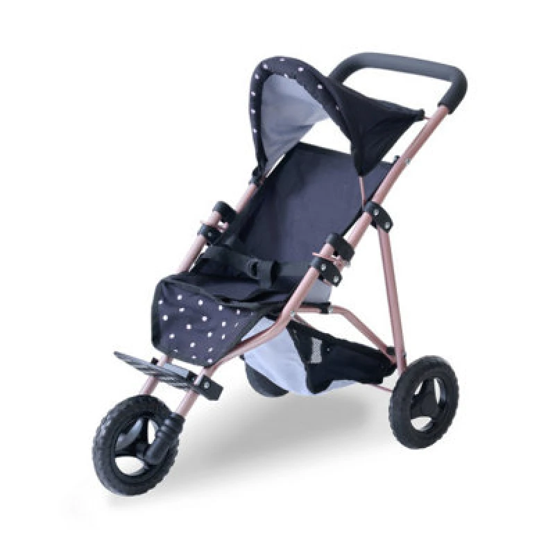 Image of Teamson Kids Jogging Doll Stroller In Black With Pink Polka Dots, Adjustable Canopy, Secure Harness, Storage Basket & Soft Handle