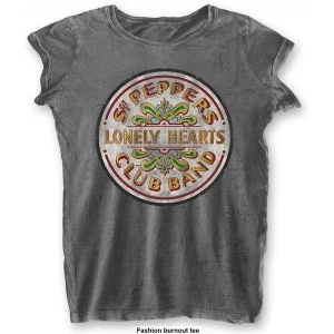 Image of The Beatles Sgt Pepper Drum with Burn Out Finishing Ladies X-Small T-Shirt - Grey