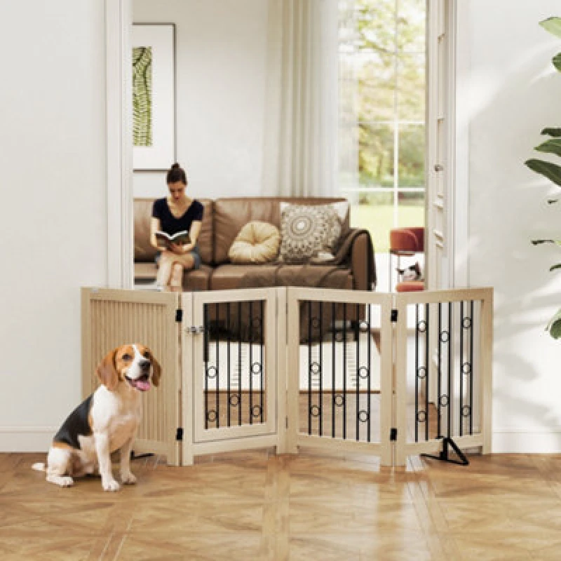 Image of Pawhut 4 Panel Freestanding Pet Gate Foldable With Door For Stairs, Doorway