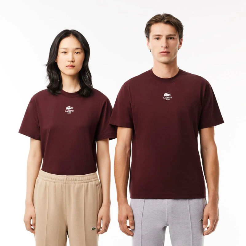 Image of Lacoste Signature Print Cotton T-Shirt Red Maroon male 2XS