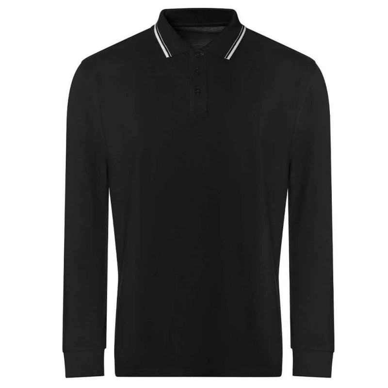 Image of AWDis AWDis Men Tipped Long-Sleeved Polo Shirt in True Black Size: Small True Black S Male 5063300462898