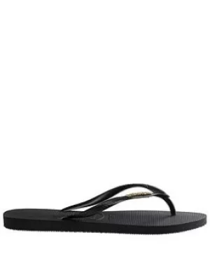 Image of Havaianas Slim Logo Metallic Flip Flops, Black/Gold, Size 5, Women