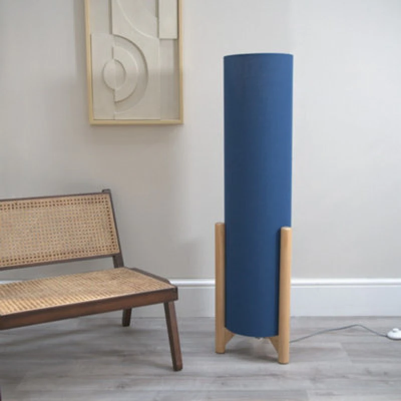 Image of ValueLights Henry Wooden Base Midi Floor Lamp with Tall Fabric Shade Navy