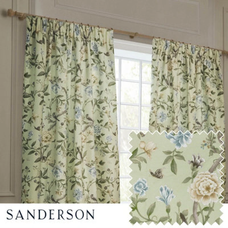 Image of Sanderson Sanderson Porcelain Garden Printed Chenille Room Darkening Pencil Pleat Curtains in Light Green Size: 229cm width x 229cm drop Light Green