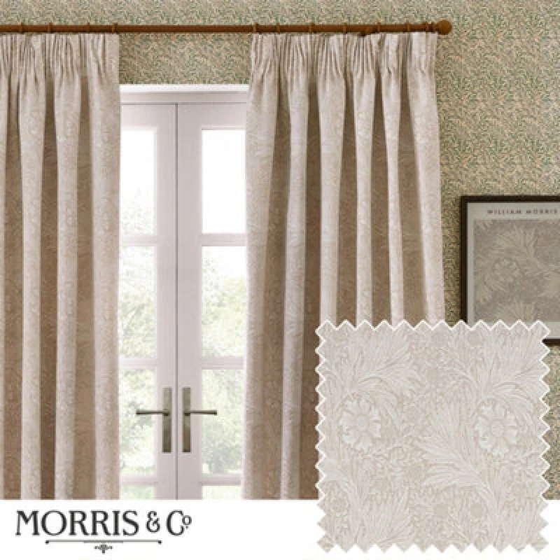 Image of Morris & Co Morris & Co Marigold Jacquard Floral Room Darkening Pencil Pleat Curtains in Stone Size: 229cm width x 183cm drop Stone 229cm width x 18