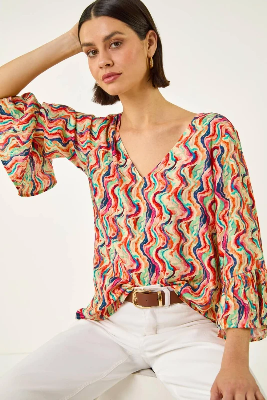 Image of Roman Womens Abstract Wave Print Flared Sleeve Top Size: 14 Multicolor Female 14