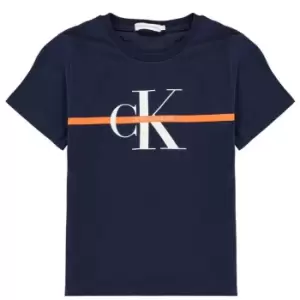 Image of Calvin Klein Jeans Junior Boys Monogram Stripe Short Sleeve T Shirt - Blue