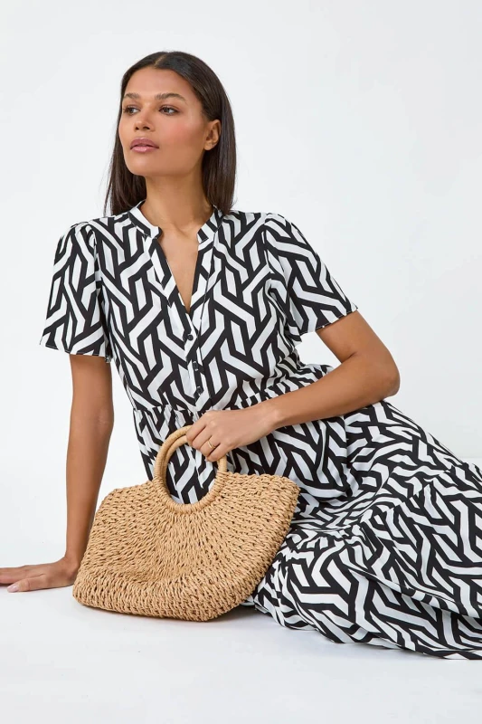 Image of Roman Womens Geometric Print Tiered Midi Dress in Black Size: 10 Black Female 10