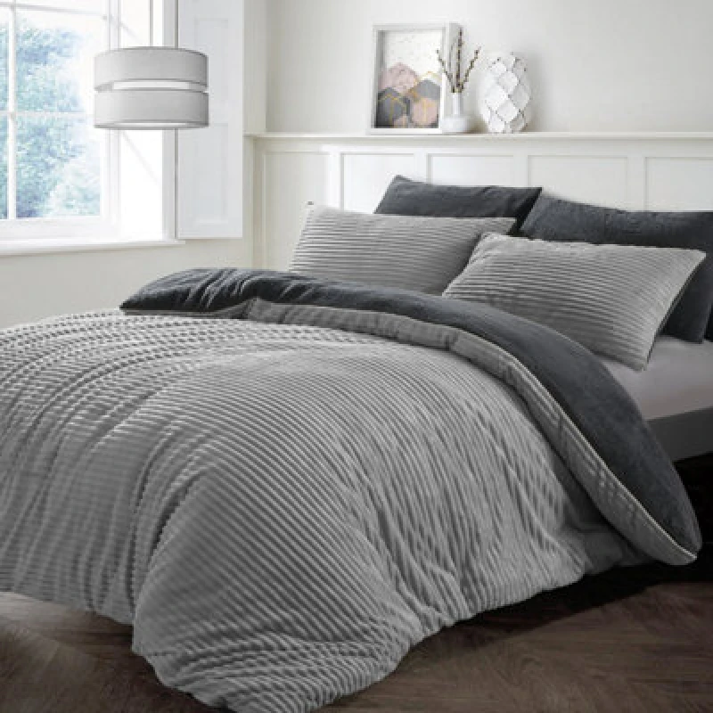 Image of Velosso Teddy Fleece Duvet Cover And Pillowcase Set Cosy Bedding For A Stylish Bedroom, Button Enclosure - Silver