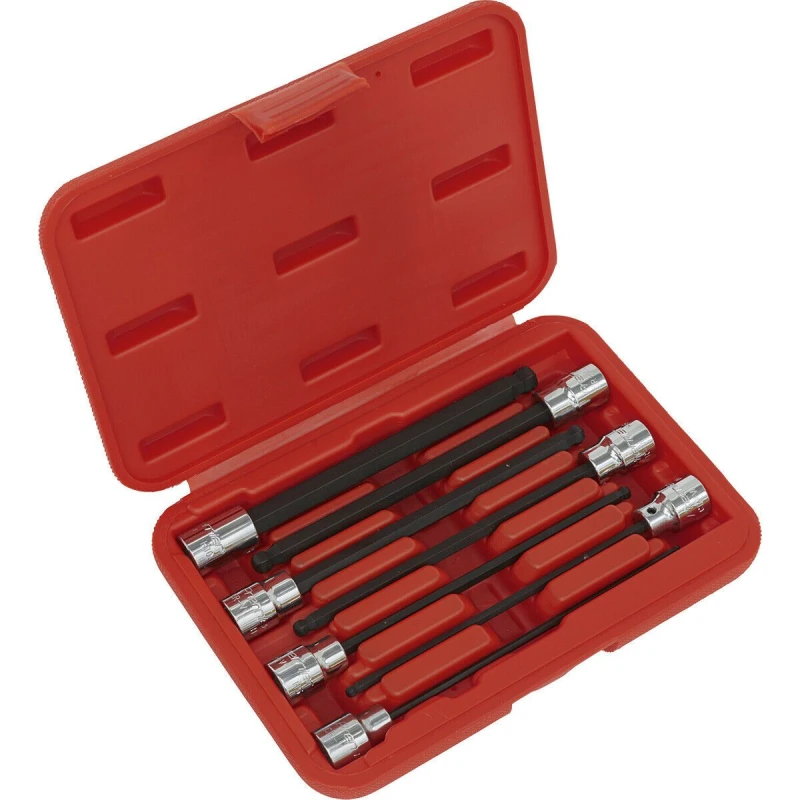 Image of Loops 7pc Ball End Hex Socket Bit Set 3/8" Square Drive 3mm to 10mm - 150mm Long Shaft Multi