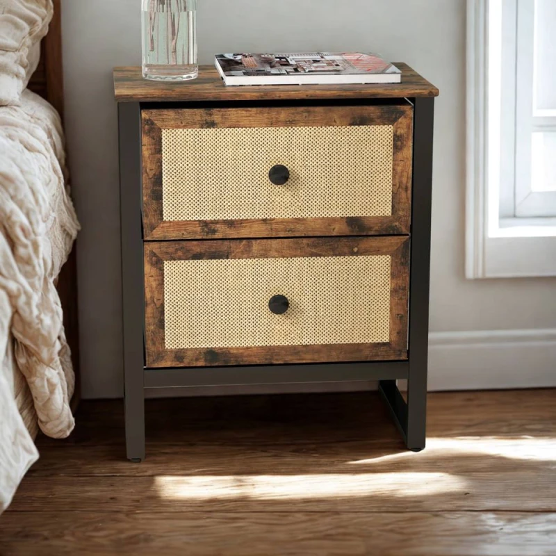 Image of FURNOS Industrial Bedside Table Nightstand With 2 Drawers in Brown Brown Unisex