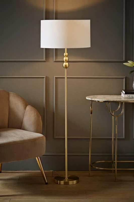 Image of ValueLights ValueLights Marissa Fabric Drum Shade with Brushed Gold Stacked Ball Floor Lamp in White White One Size Unisex 5059406046339